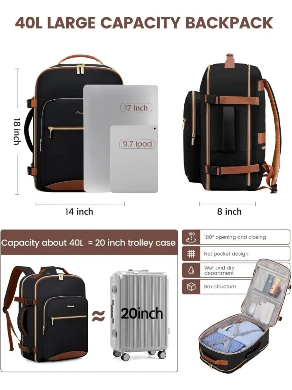 Versatile 40L Travel Backpack for Women & Men, Airline Approved Carry-On